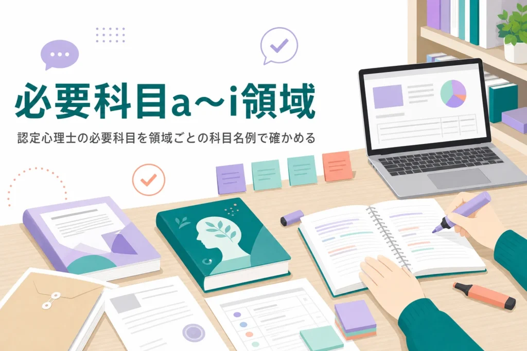 認定心理士の必要科目を、a〜i領域ごとの科目名例と該当しない科目で紹介する記事のアイキャッチ