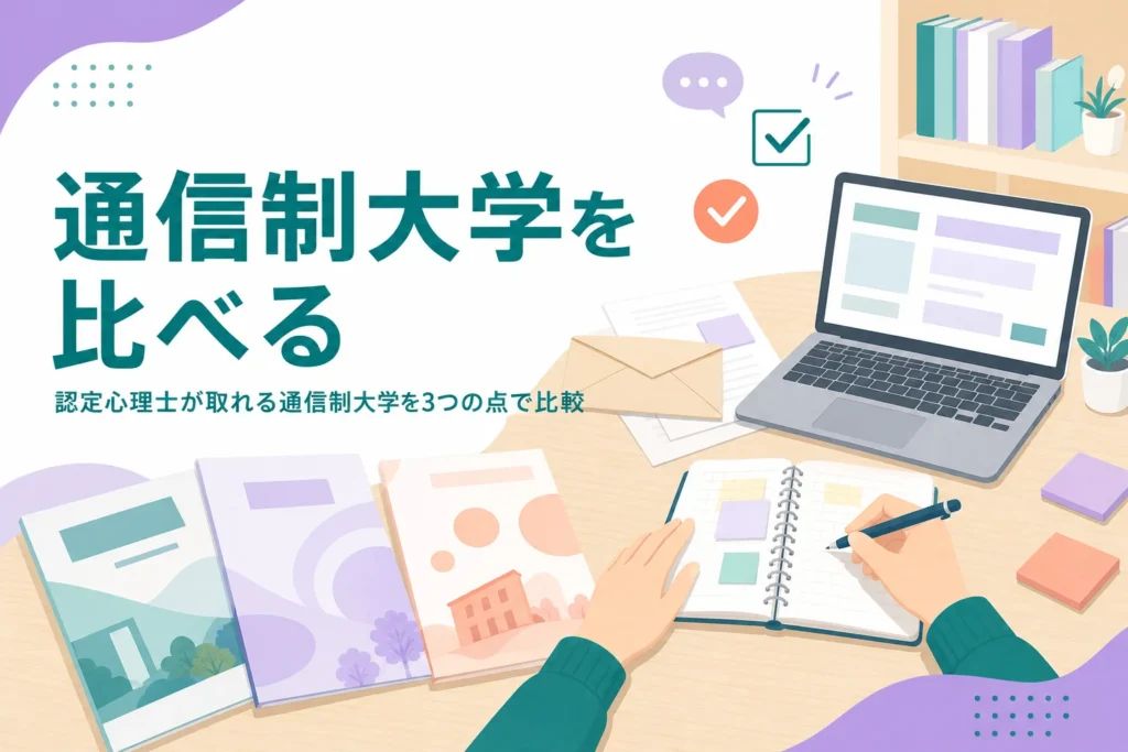 認定心理士が取れる通信制大学を、入口・スクーリング・学び方の3点で比較する記事のアイキャッチ